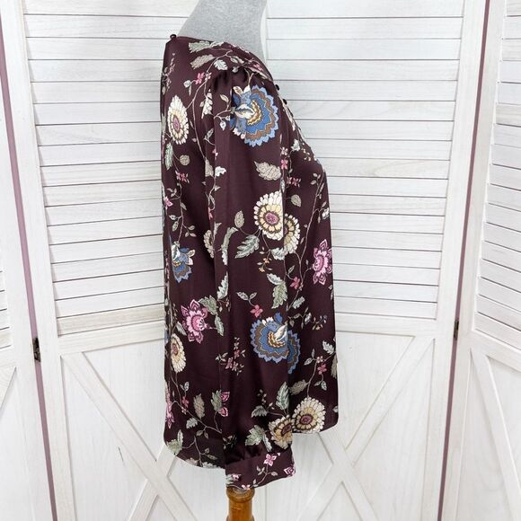 Vince Camuto Floral Puff Sleeve Button Front Blouse Brown Pink Small Wildflower - Picture 3 of 12